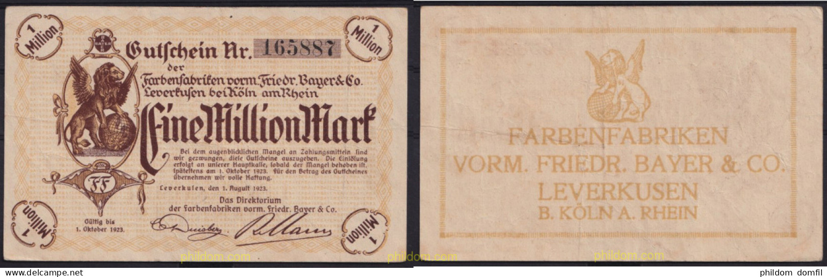 3638 ALEMANIA 1923 GERMANY LEVERKUSEN 1000000 MARK 1923 - Imperial Debt Administration