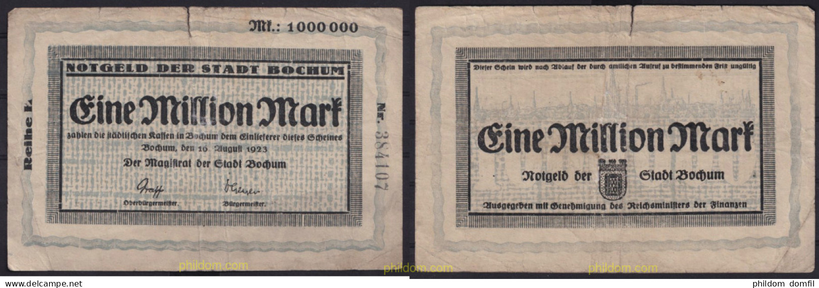 3651 ALEMANIA 1923 GERMANY 1000000 MARK BOCHUM 1923 EMERGENCY - Amministrazione Del Debito