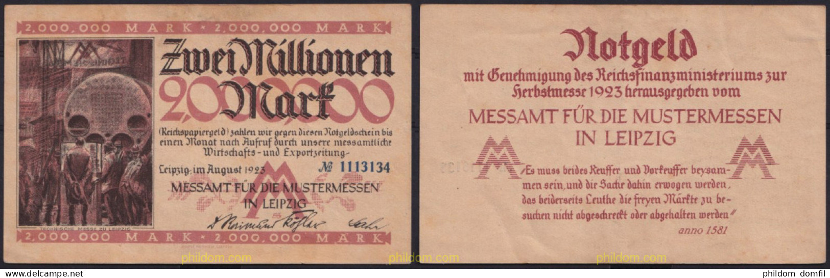 3656 ALEMANIA 1923 GERMANY 2000000 MARK 1923 LEIPZIG - Administration De La Dette