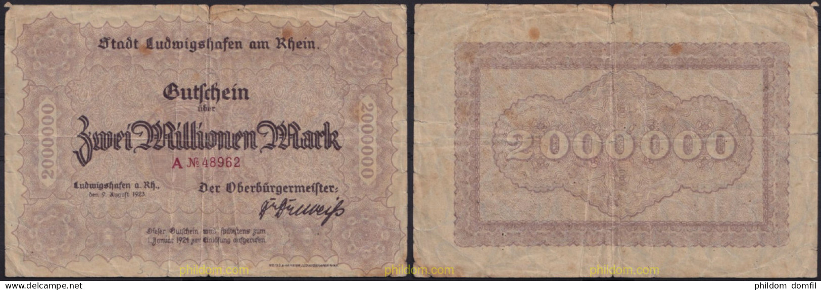3655 ALEMANIA 1923 GERMANY 2000000 MARK 1923 LUDWIGSHAFEN AM RHEIN - Bestuur Voor Schulden