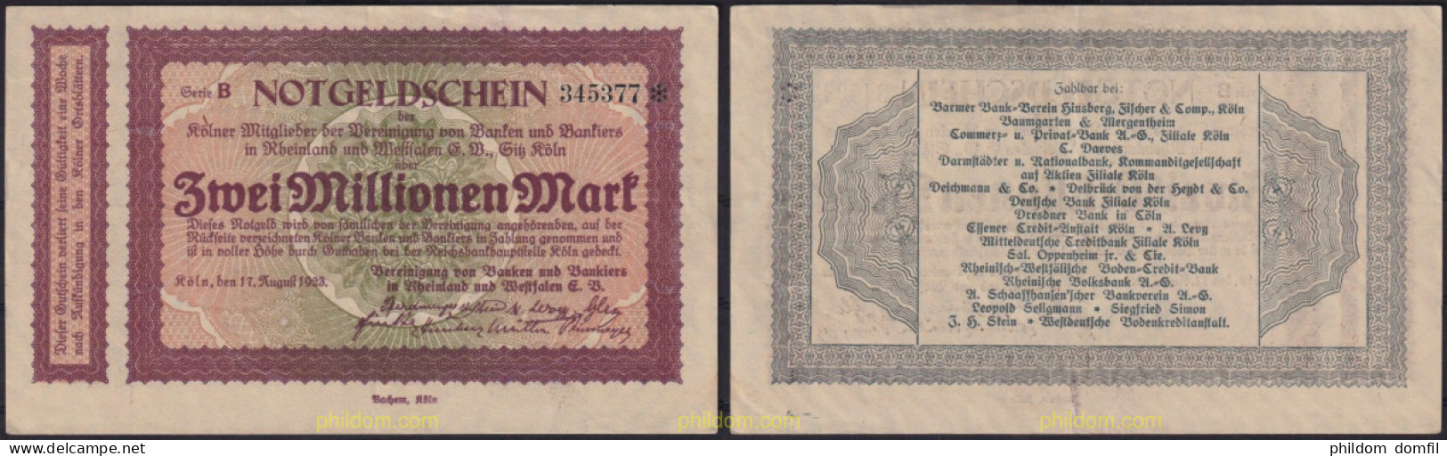 3654 ALEMANIA 1923 GERMANY 2000000 MARK 1923 KOLN - Bestuur Voor Schulden