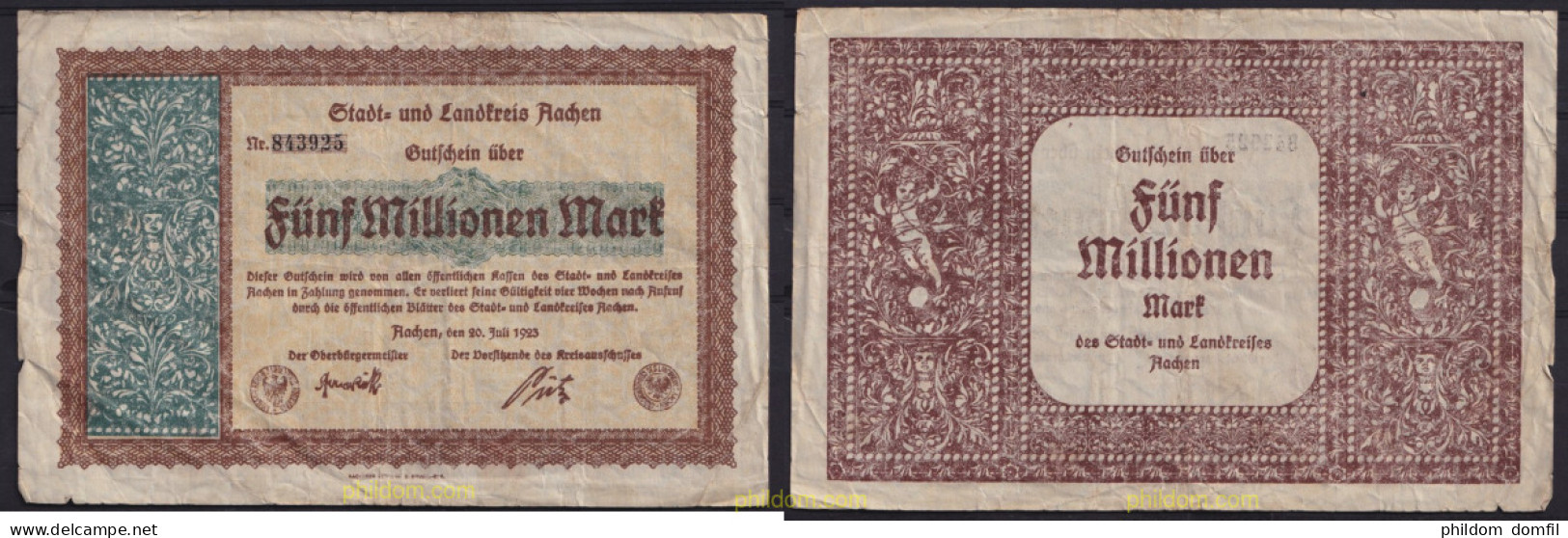 3659 ALEMANIA 1923 GERMANY 5 MILLIONEN MARK AACHEN 1923 - Administration De La Dette