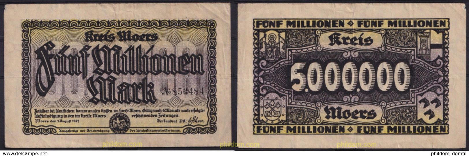 3668 ALEMANIA 1923 GERMANY 5000000 MARK 1923 KREIS MOERS - Amministrazione Del Debito