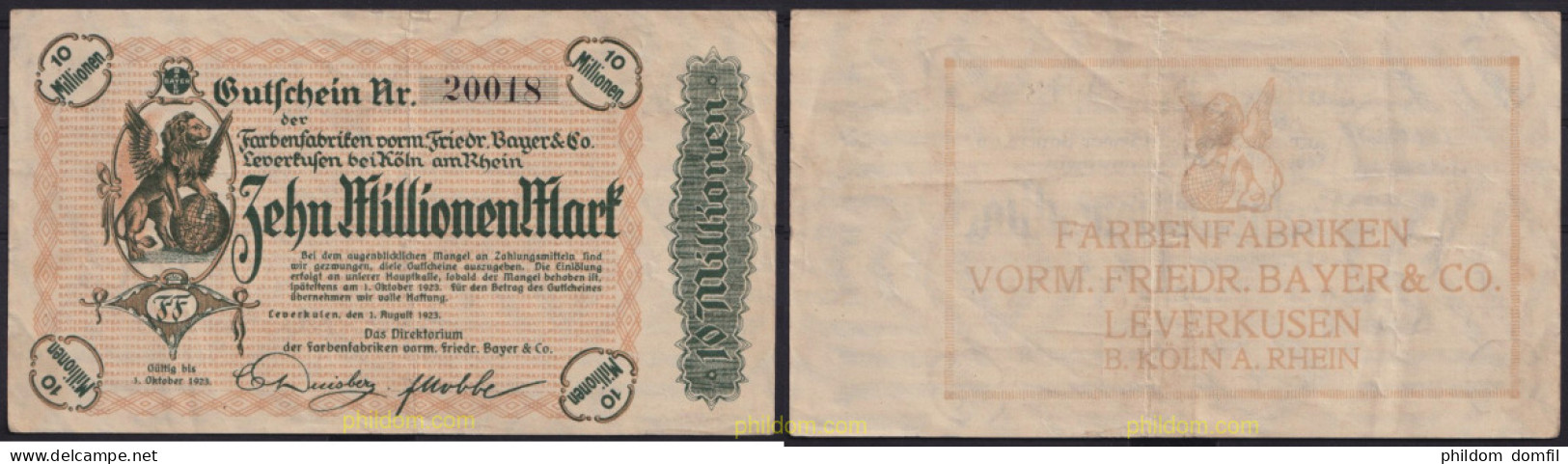 3671 ALEMANIA 1923 GERMANY 10000000 MARK 1923 LEVERKUSEN FARBENFABRIKEN VORM FRIEDR. BAYER & CO - Administration De La Dette