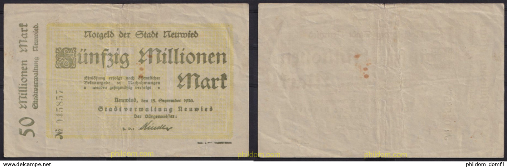 3681 ALEMANIA 1923 GERMANY 50000000 MARK NEUWIED 1923 - Reichsschuldenverwaltung