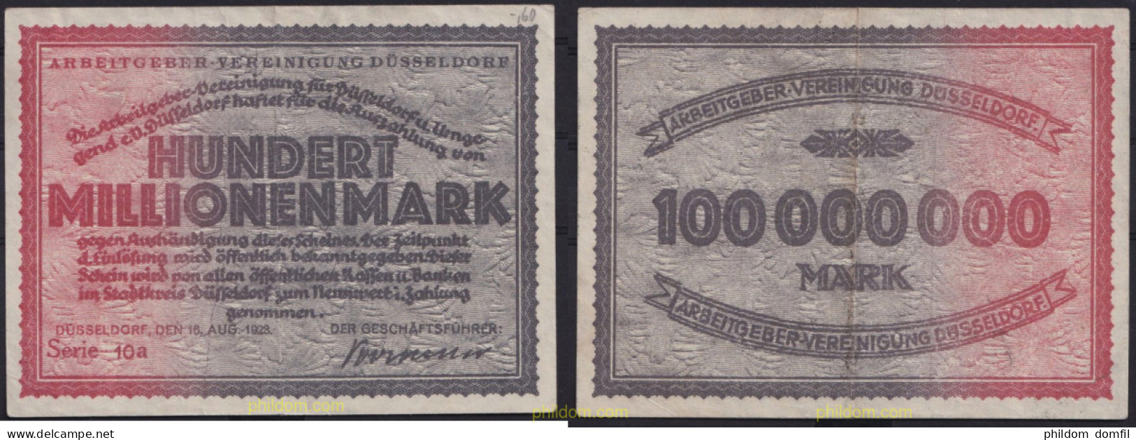 3691 ALEMANIA 1923 GERMANY HUNDERT MILLIONEN MARK DUSSELDORF 1923 - Reichsschuldenverwaltung