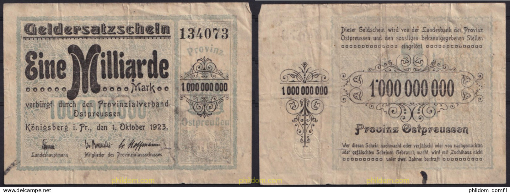 3697 ALEMANIA 1923 GERMANY GERMANY EAST PRUSSIA KONIGSBERG EINE MILLARDE MARK 1923 - Bestuur Voor Schulden