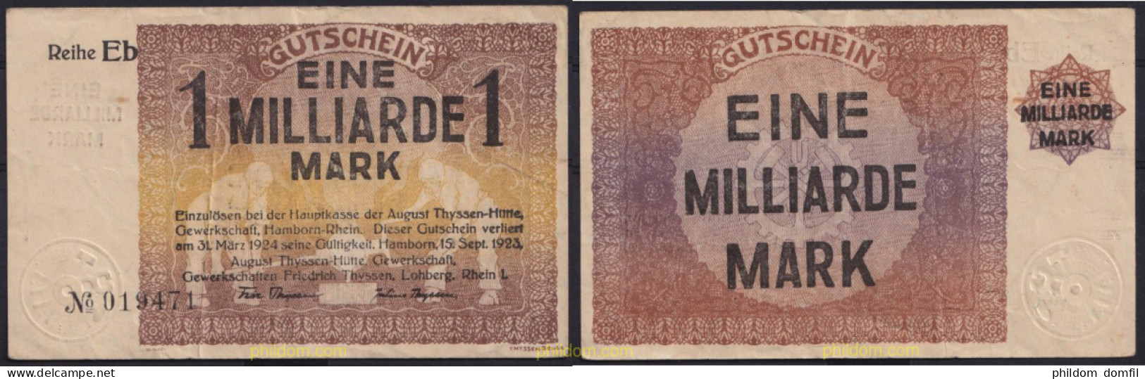 3696 ALEMANIA 1923 GERMANY EINE MILLIARDE MARK GUTSCHEIN 1923 - Administración De La Deuda