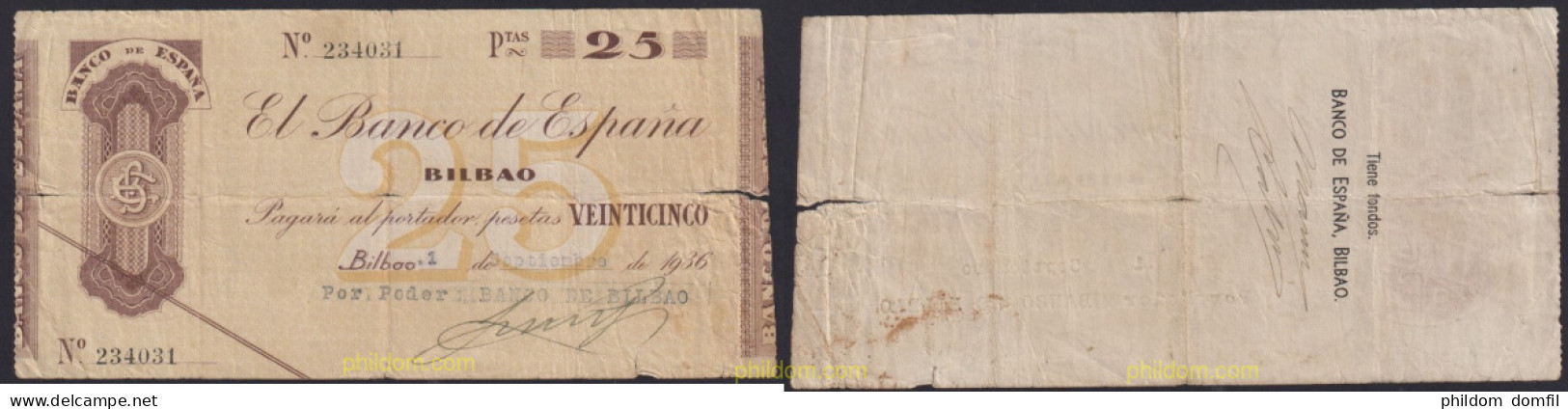 3878 ESPAÑA 1936 BANCO ESPAÑA BILBAO 25 PESETAS 1936 - Otros & Sin Clasificación