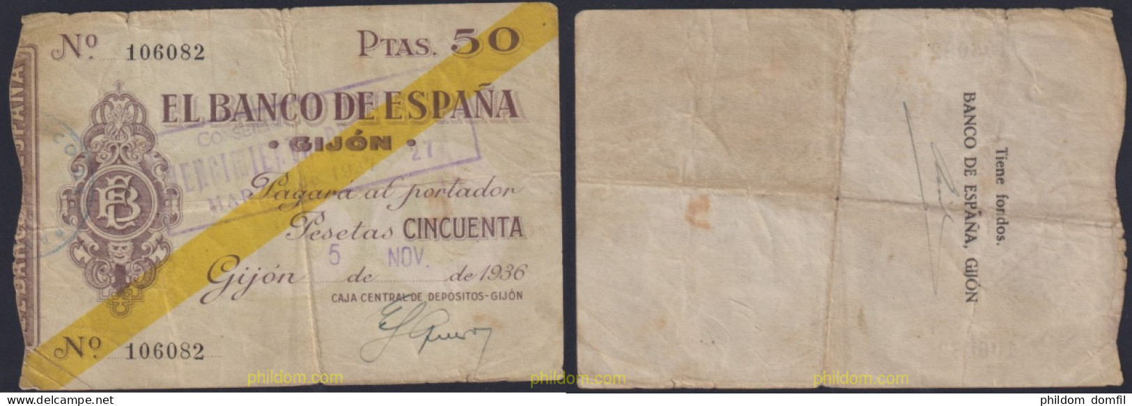 3883 ESPAÑA 1936 BANCO ESPAÑA GIJON 50 PESETAS 1936 - Other & Unclassified