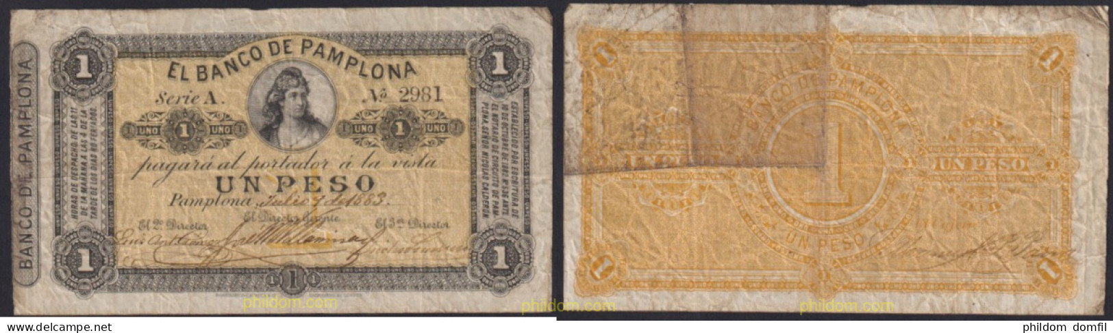 4335 COLOMBIA 1883 COLOMBIA BANCO DE PAMPLONA 1 PESO 1883 - Colombie