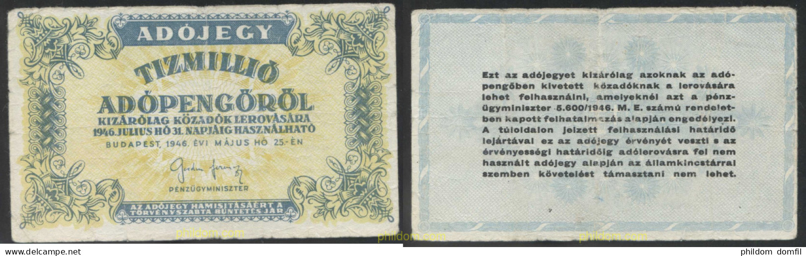 4568 HUNGRIA 1946 HUNGARY TIZMILLIO ADOPENGOROL 1946 - Hungría