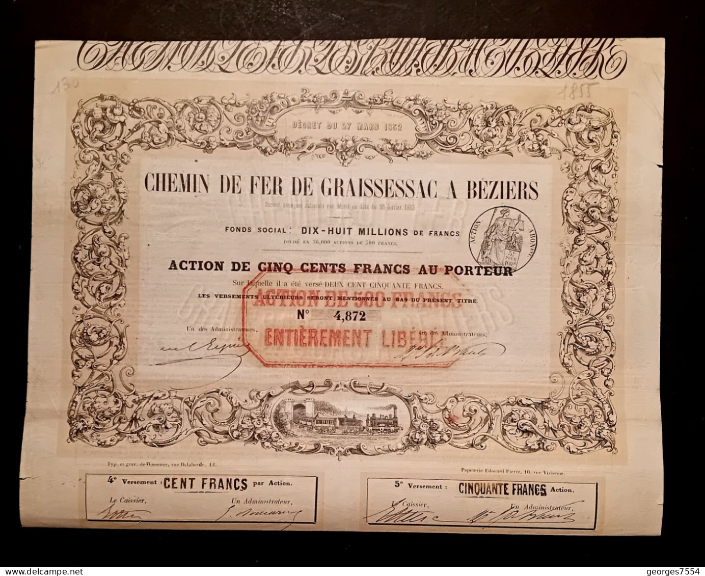 COMPAGNIE DU CHEMIN DE FER - DE GRAISSESSAC A BEZIERS  - ACTION DE 500 FR.  1853 - Chemin De Fer & Tramway