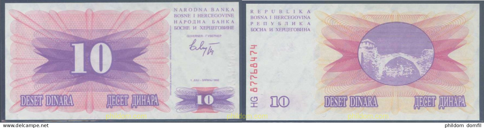 5884 BOSNIA-HERZEGOVINA 1992 10 DINARA BOSNIA HERCEGOVINA 1992 - Bosnie-Herzegovine