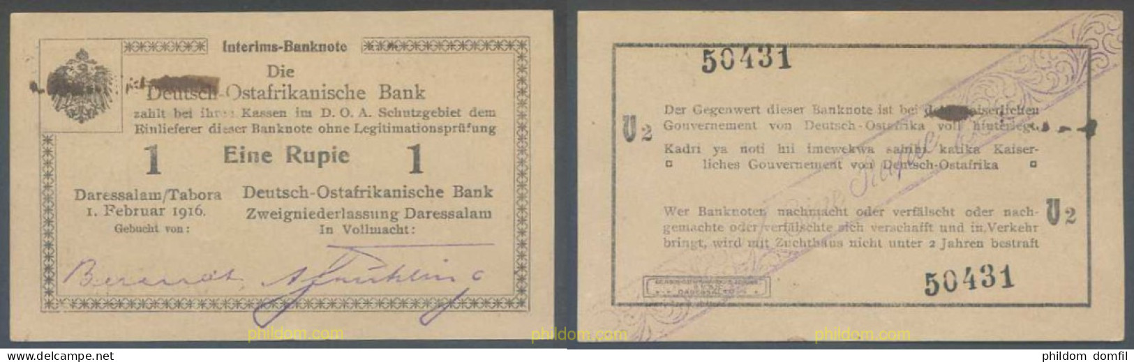 6127 ALEMANIA 1916 GERMAN EAST AFRICA DEUTSCH-OSTAFRIKANISCHE BANK 1 RUPIE 1916 DEUTSCH OSTAFRIKANISCHE BANK - Autres & Non Classés