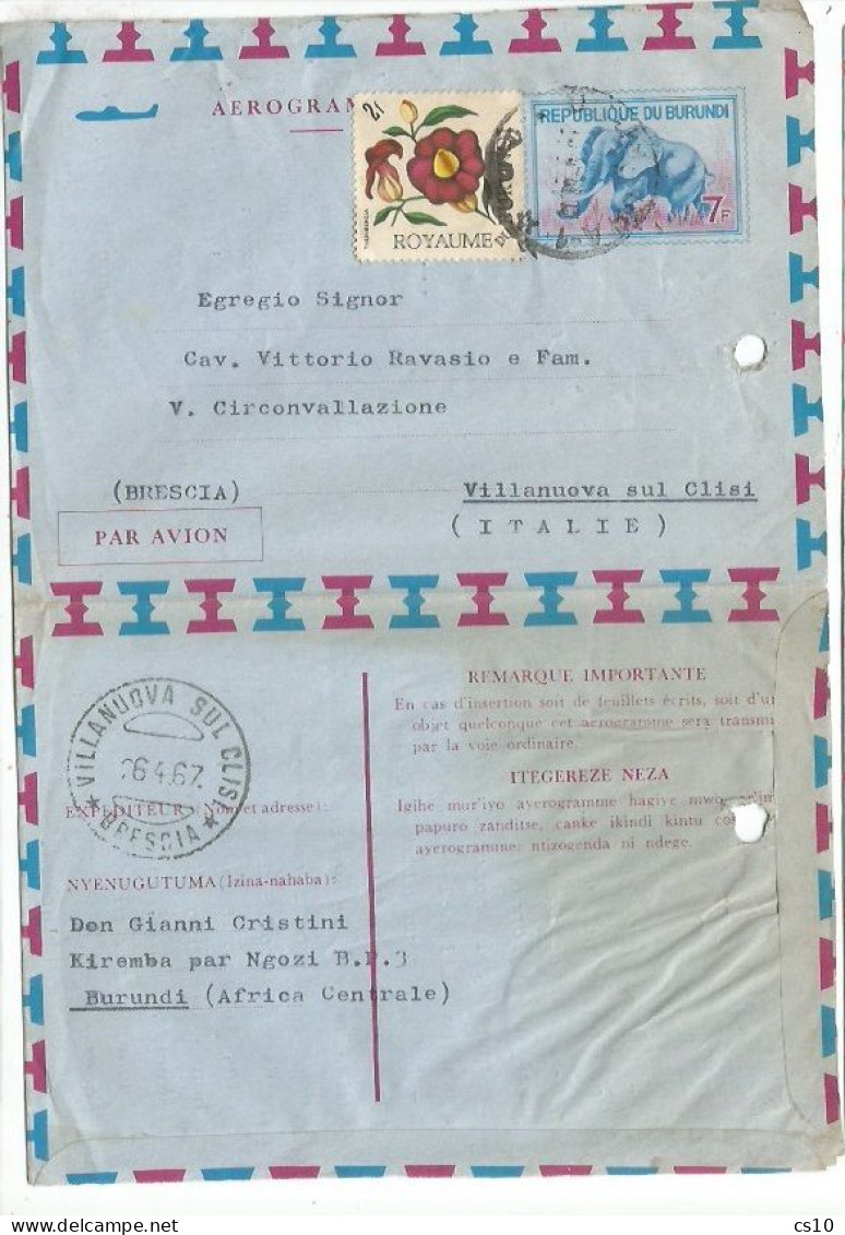 Burundi Aerogramme F7 Elephant Kiremba 11apr1967 Uprated Avec Flower Thunbergia F.2 X Italie - Airmail