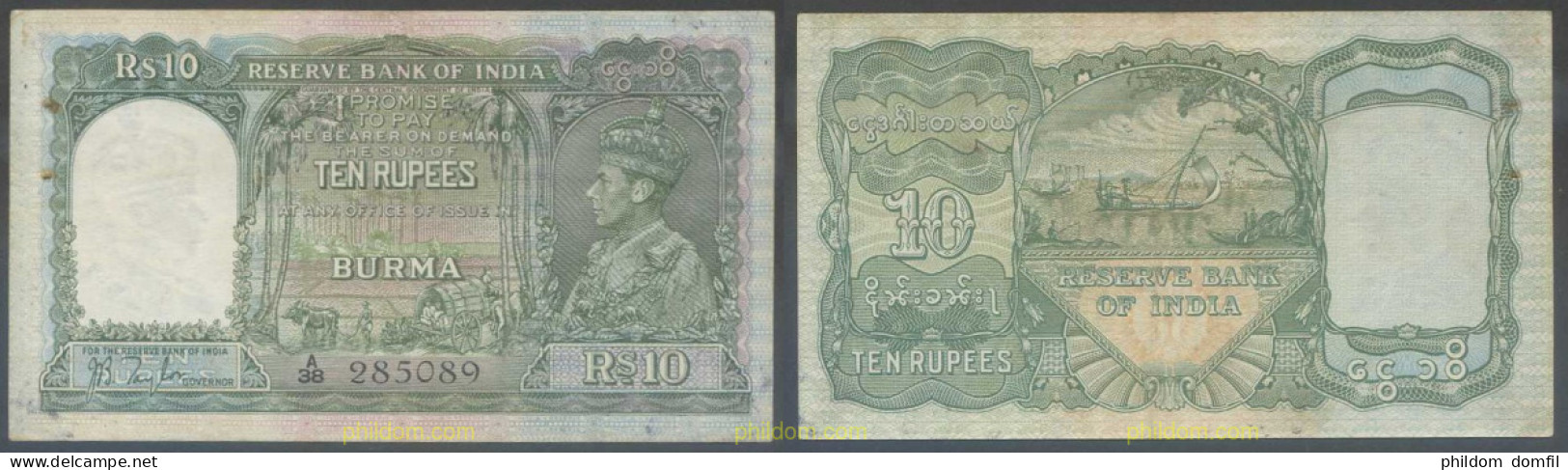 7102 BIRMANIA 1938 BURMA 10 RUPEES 1938 - Myanmar