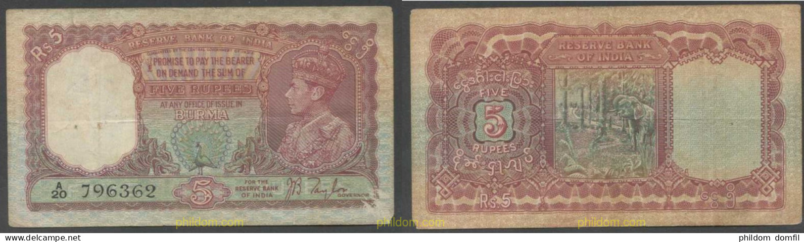 7103 BIRMANIA 1938 BURMA BRITISH INDIA 5 RUPEES 1938 - Myanmar