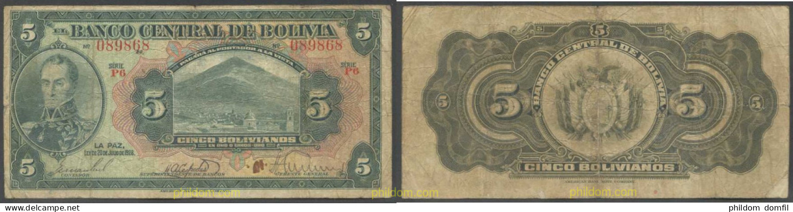 7165 BOLIVIA 1928 BOLIVIA 5 BOLIVIANOS 1928 - Bolivie