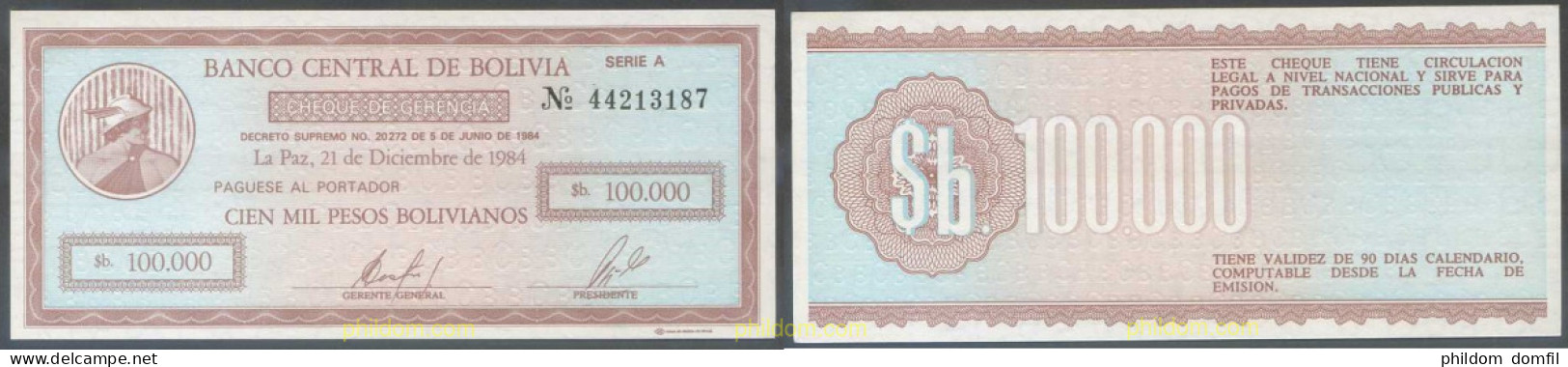 7222 BOLIVIA 1984 BOLIVIA 100000 PESOS BOLIVIANOS 1984 - Bolivia