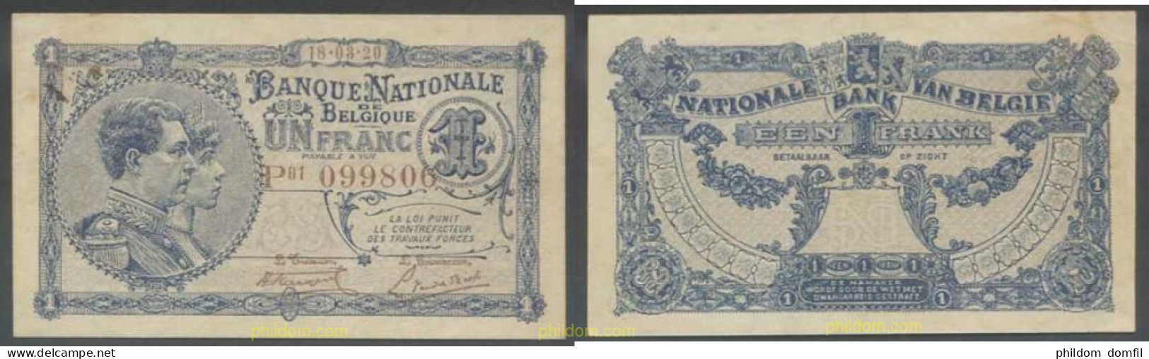 7899 BELGICA 1920 BELGIQUE BELGIEN BELGIUM 1 FRANC 1920 - Colecciones