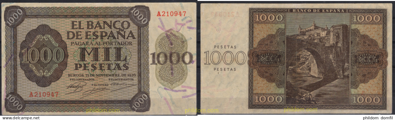 8214 ESPAÑA 1936 1000 Pesetas Estado Español 21 De Noviembre 1936 - Autres & Non Classés