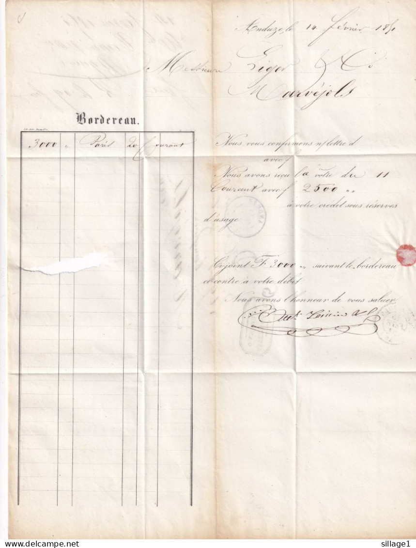 Anduze (Gard 30) Lettre Philatélique Louis-Napoléon Du 14 Février 1851 De Anduze à Marvejols (Lozère) - 1852 Louis-Napoléon