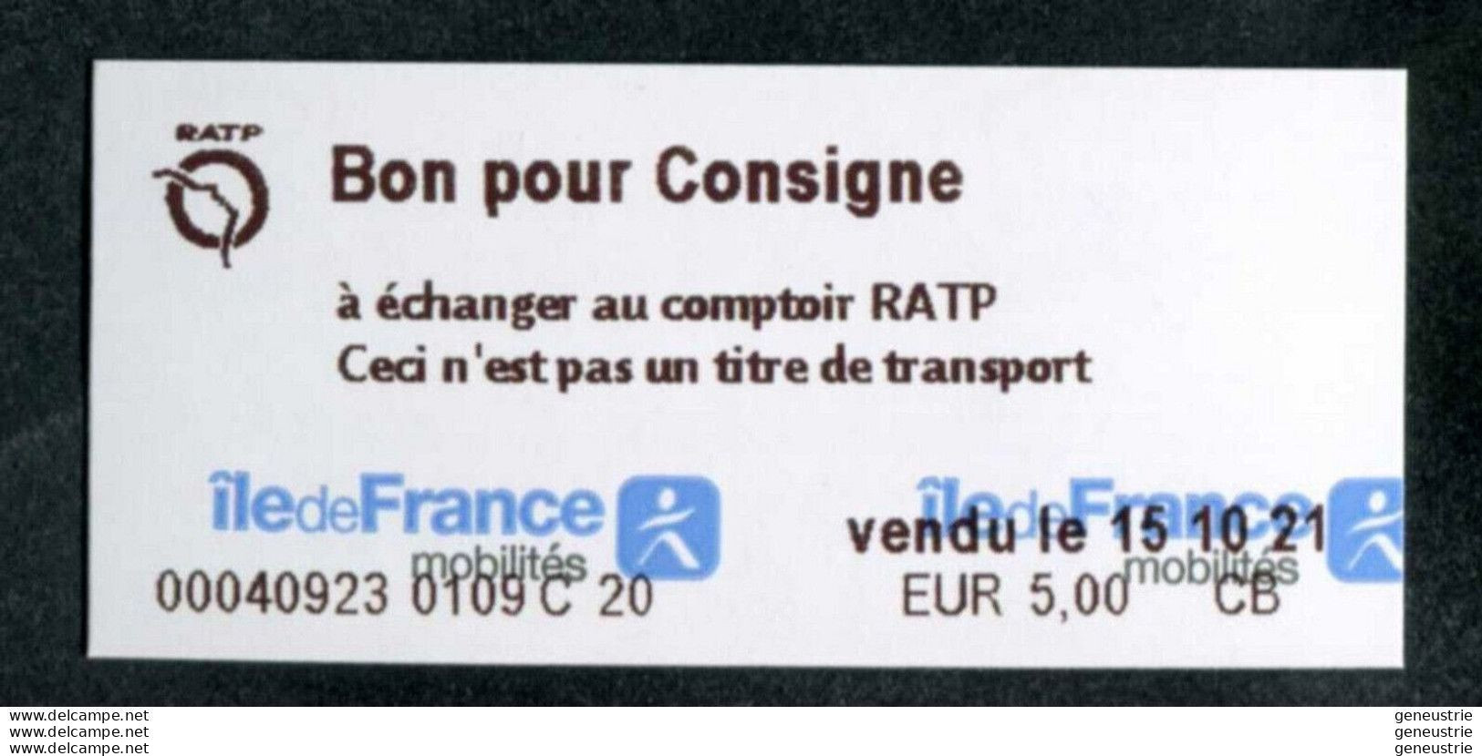 Ticket De Métro De Paris 2021 "Bon Pour Consigne (à échanger Au Comptoir RATP)" - Europa