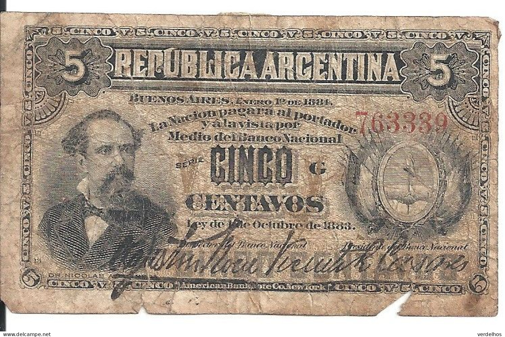 ARGENTINE 5 CENTAVOS 1883 VG+ P 5 - Argentinien