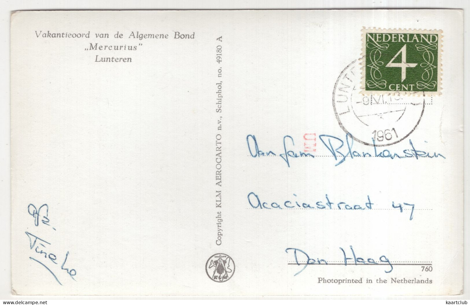 Lunteren - Vakantieoord Van De Algemene Bond 'Mercurius' - (Nederland/Holland) - 1961 - KLM AEROCARTO - No 49180 A - Ede