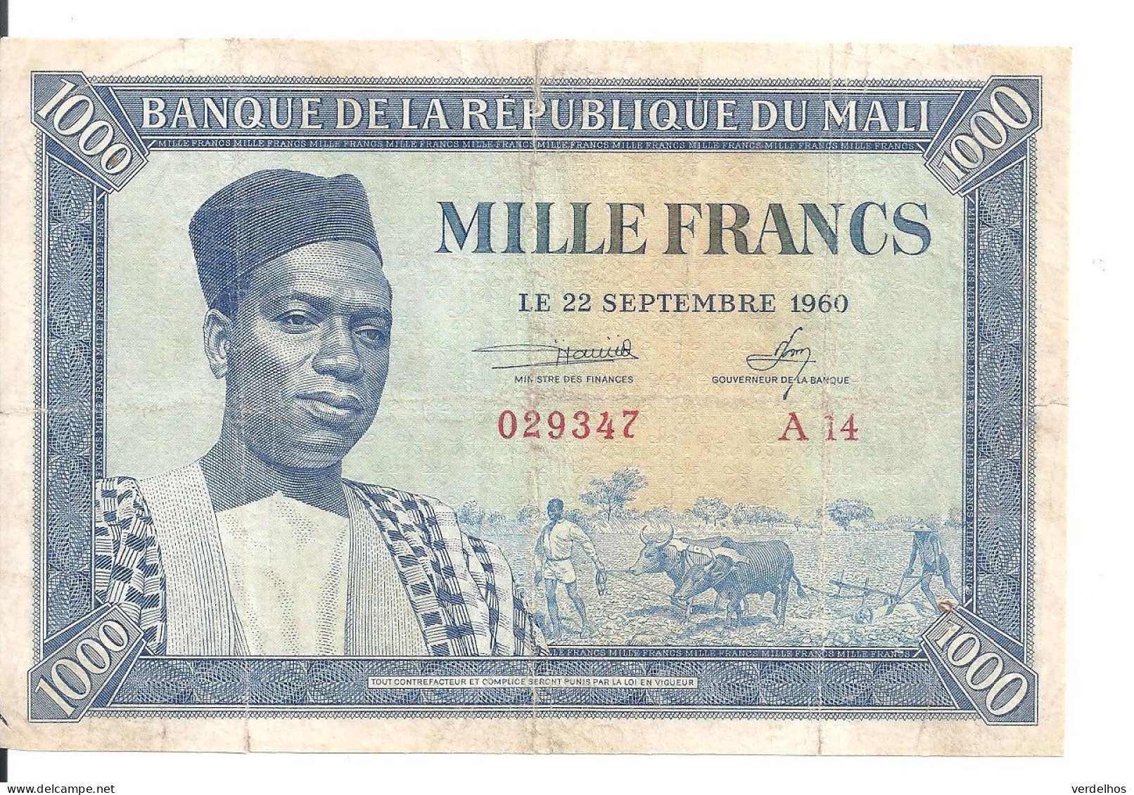 MALI 1000 FRANCS 1960 VG++/VF P 4 - Mali