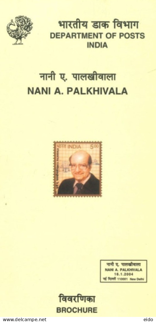 INDIA - 2004 - BROCHURE OF NANI A. PALKHIVALA STAMP DESCRIPTION AND TECHNICAL DATA. - Briefe U. Dokumente