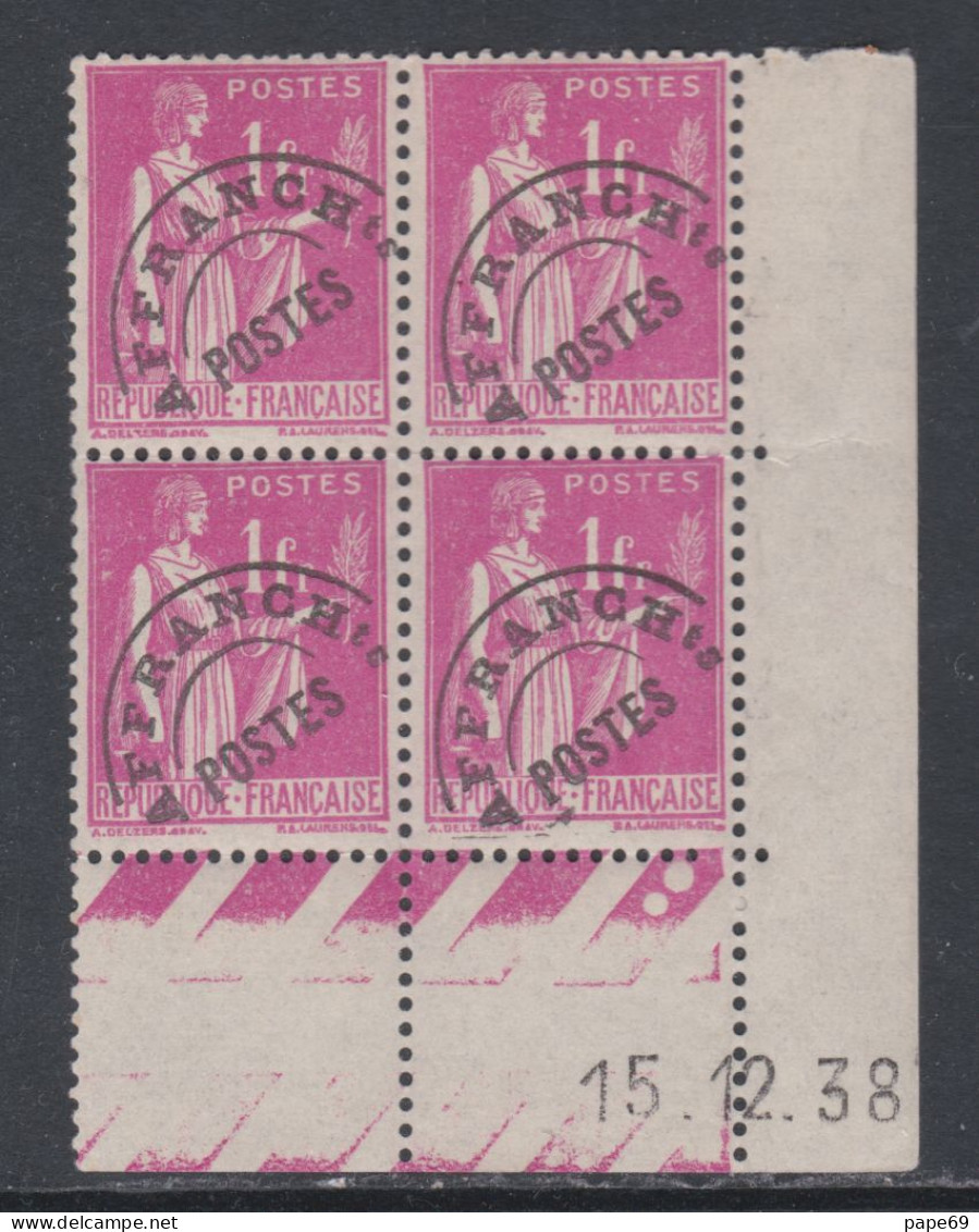 France Préoblitéré N° 76 Type Paix 1 F.  Rose  En Bloc De 4 Coin Daté Du 15 . 12 . 38  Sans Charnière, TB - Vorausentwertungen