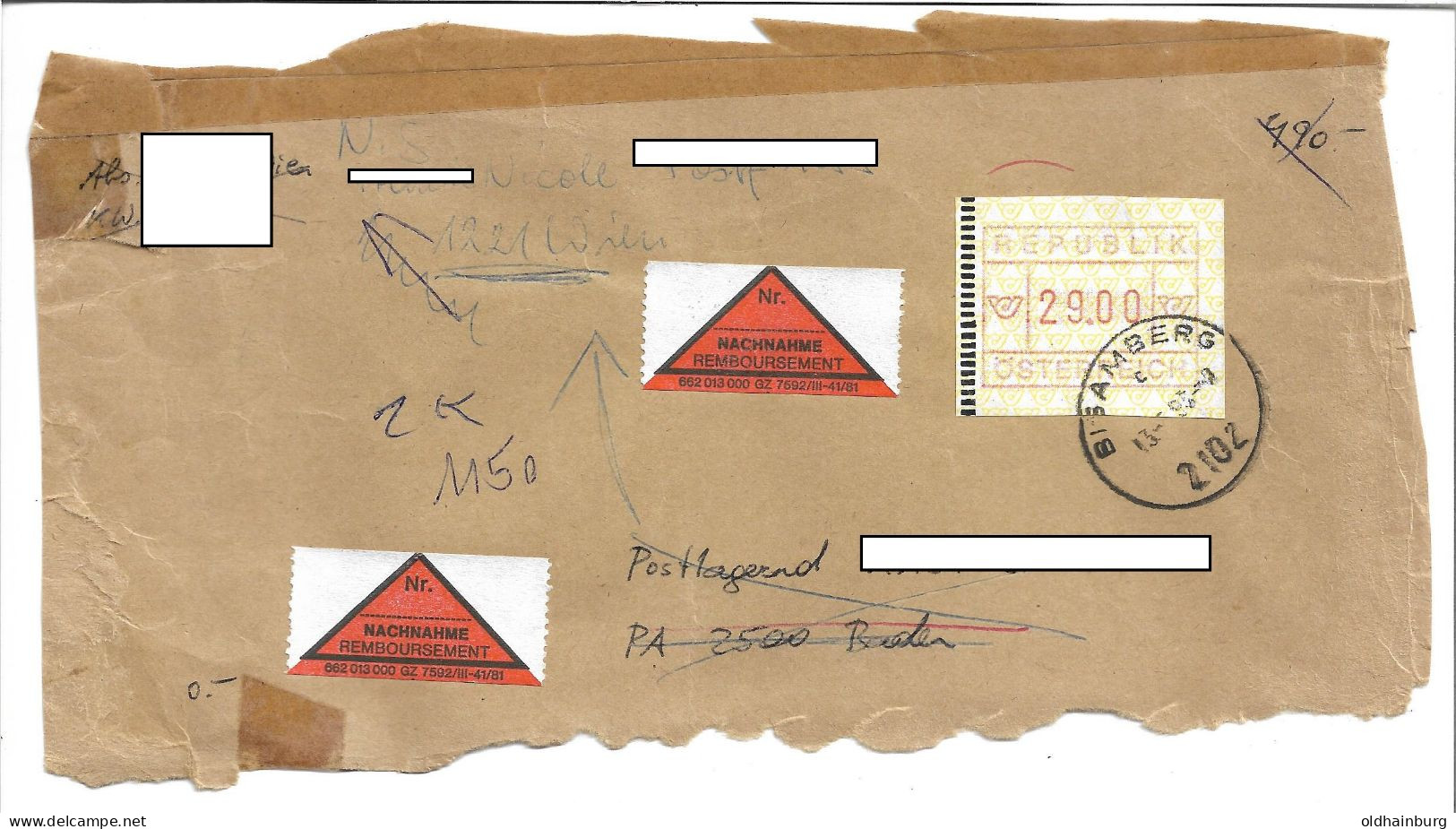 1619o: Österreich 1993, ATM Auf Nachnahme- Briefvorderseite, 29.00 ÖS Bedarfspost 2102 Bisamberg - Korneuburg