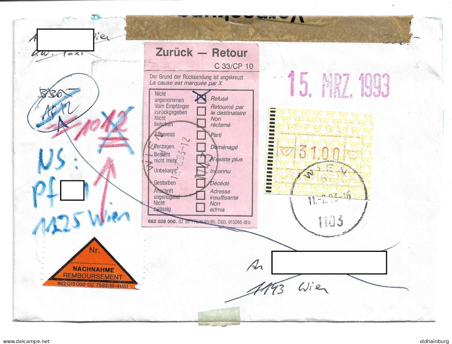 1619h: ATM 31.00 EF Auf Nachnahme- Brief, 1103 Wien 11.2.1993 - Covers & Documents