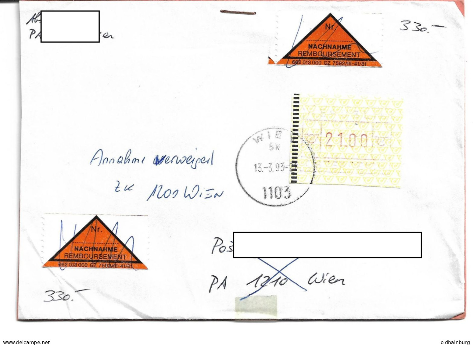 1619g: ATM 21.00 EF Auf Nachnahme- Brief, 1103 Wien 13.3.1993 - Cartas & Documentos