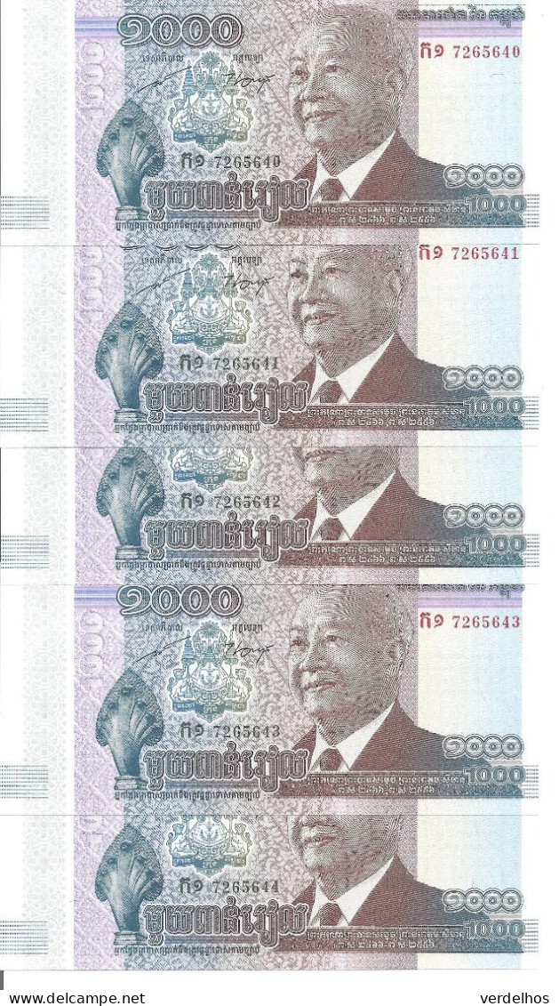CAMBODGE 1000 RIELS 2012/2013 UNC P 63 ( 5 Billets ) - Cambodge