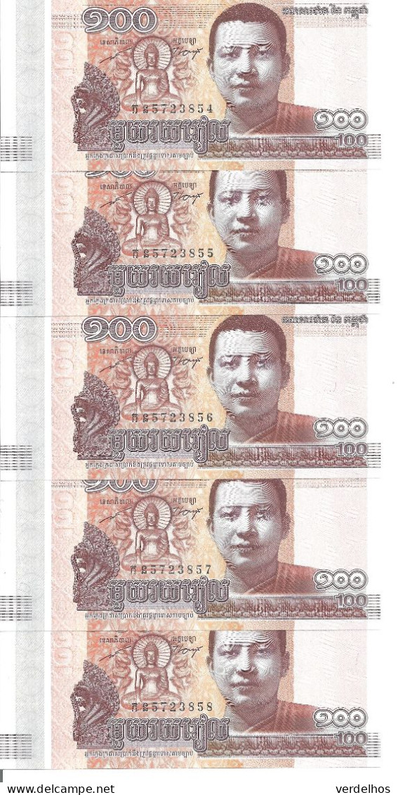 CAMBODGE 100 RIELS 2014 UNC P 65 ( 5 Billets ) - Kambodscha