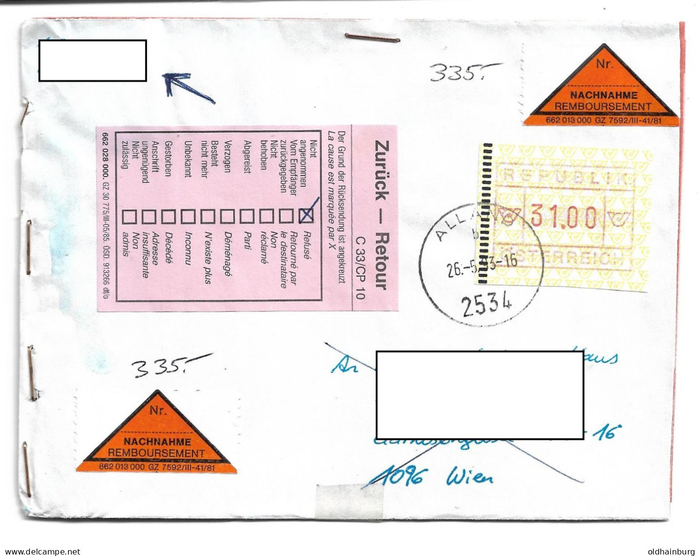 1619c: ATM 31.00 EF Auf Nachnahme- Brief 2534 Alland 26.9.1993 - Baden Bei Wien