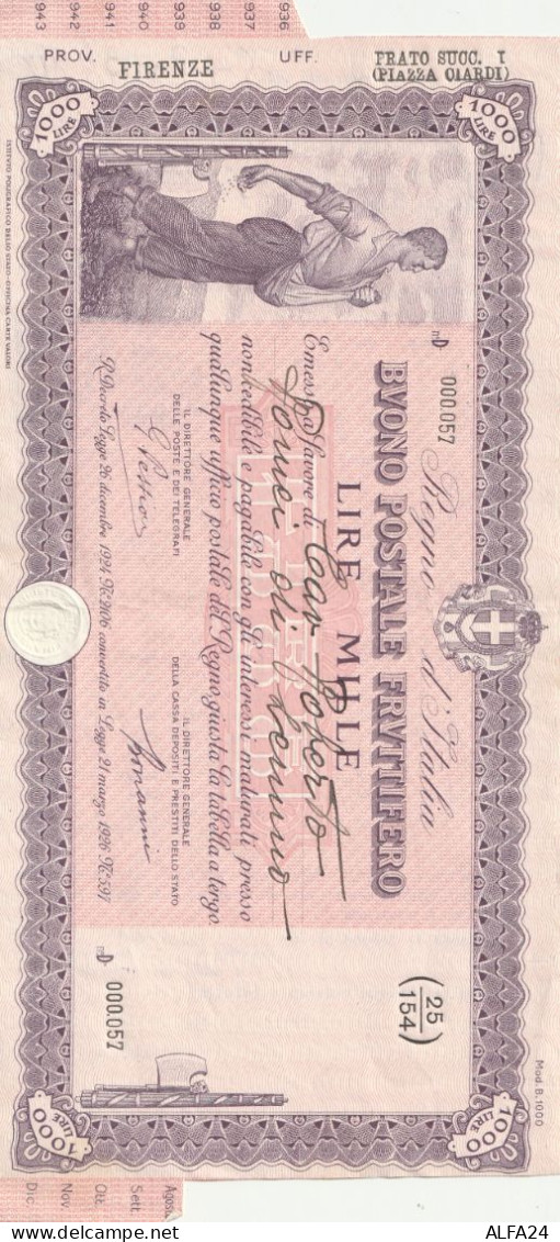 BANCONOTA BUONO POSTALE FRUTTIFERO L.1000 1936   (B_790 - Ohne Zuordnung