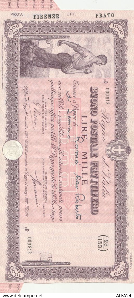 BANCONOTA BUONO POSTALE FRUTTIFERO L.1000 1938   (B_789 - Sin Clasificación