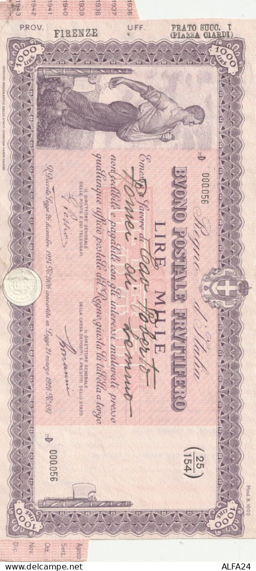 BANCONOTA BUONO POSTALE FRUTTIFERO L.1000 1936   (B_787 - Sin Clasificación