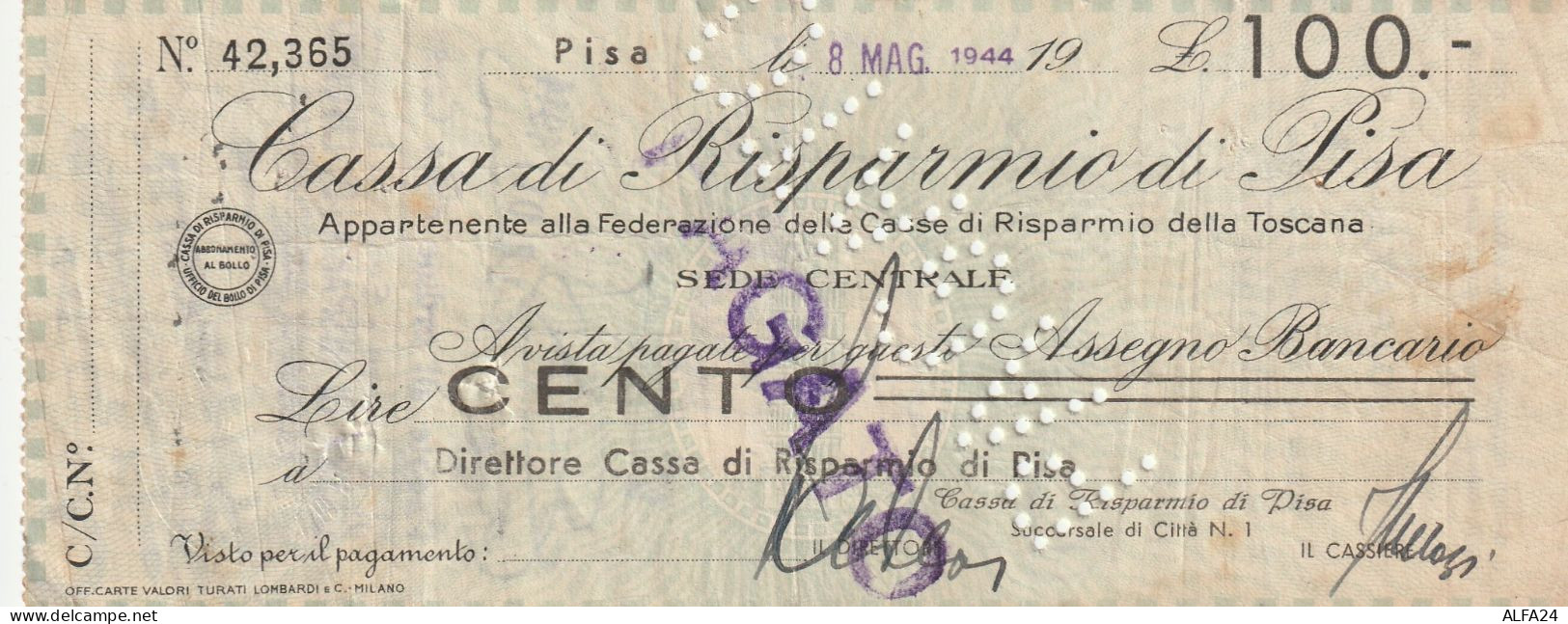 ASSEGNO CASSA RISPARMIO PISA 1944 L.100   (B_493 - [10] Assegni E Miniassegni