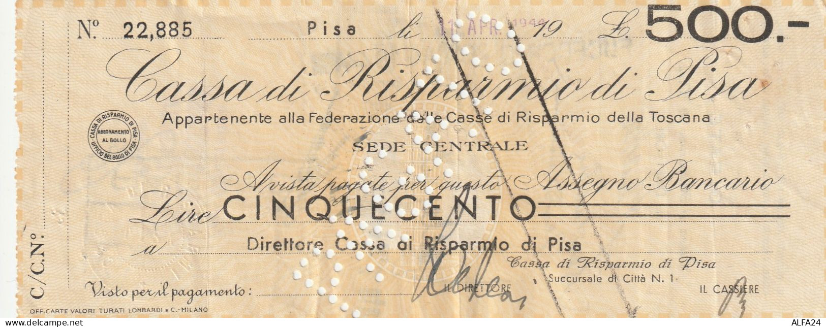 ASSEGNO CASSA RISPARMIO PISA 1944 L.500   (B_492 - [10] Assegni E Miniassegni