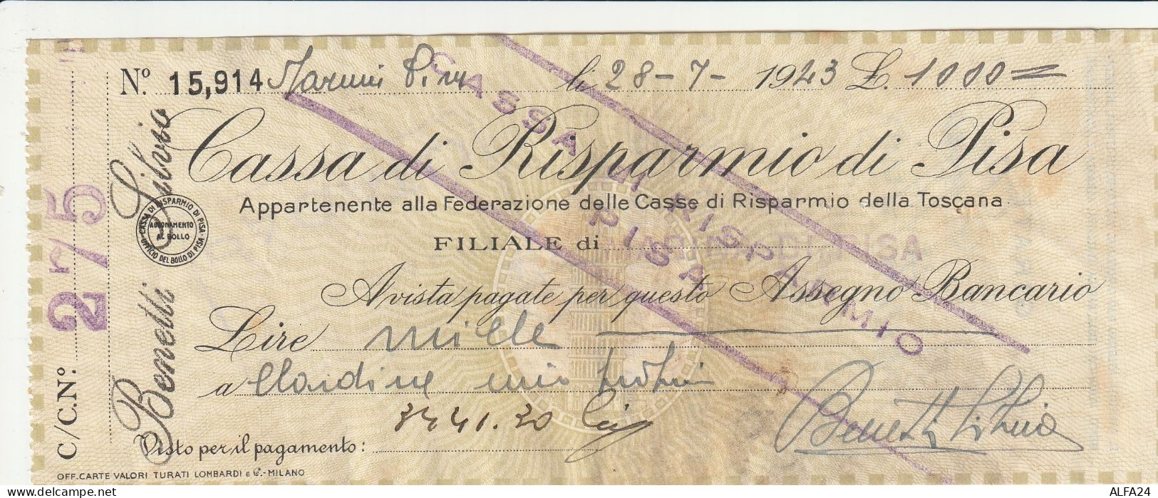 ASSEGNO CASSA RISPARMIO PISA 1943 L.1000   (B_491 - [10] Scheck Und Mini-Scheck