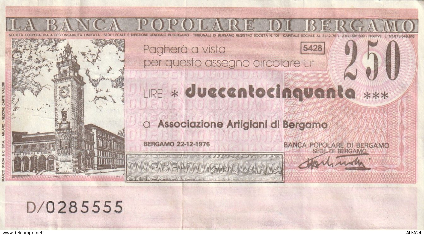 BANCONOTA MINIASSEGNO L.100 BP BERGAMO CIRC  (B_422 - [10] Scheck Und Mini-Scheck