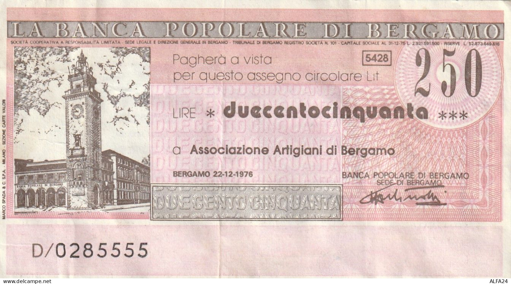 BANCONOTA MINIASSEGNO L.100 BP BERGAMO CIRC  (B_422 - [10] Cheques Y Mini-cheques