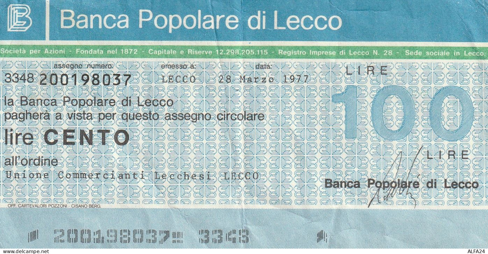 BANCONOTA MINIASSEGNO L.100 BP LECCO CIRC  (B_419 - [10] Scheck Und Mini-Scheck