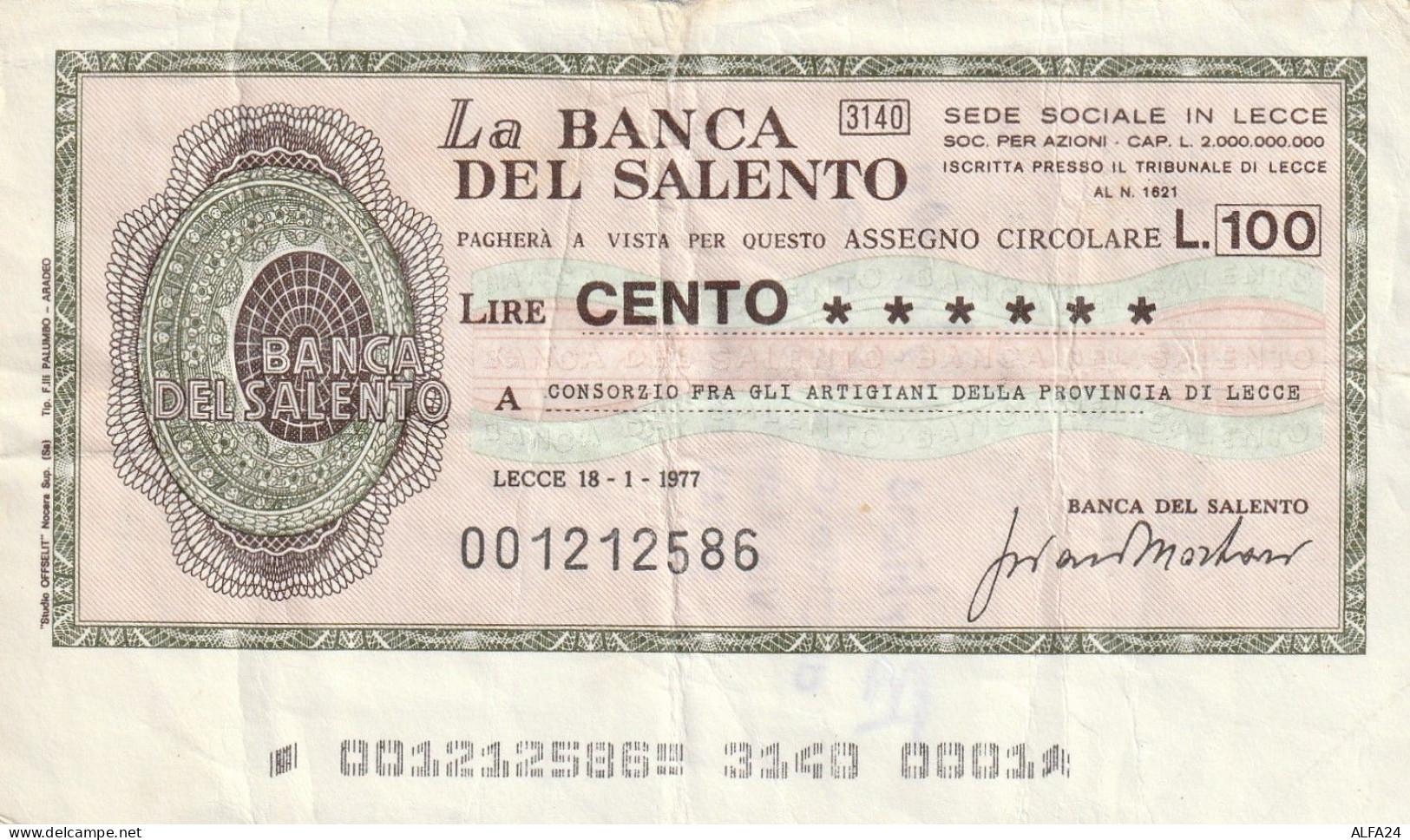 BANCONOTA MINIASSEGNO L.100 BANCA DEL SALENTO CIRC  (B_421 - [10] Scheck Und Mini-Scheck