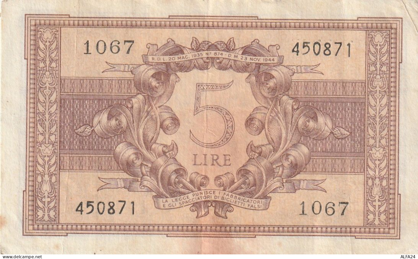 BANCONOTA ITALIA REGNO BIGLIETTO DI STATO LIRE 5 VF  (B_411 - Italië– 5 Lire